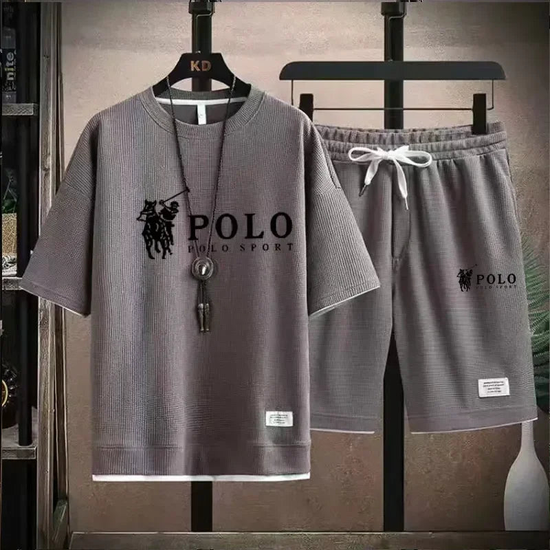 2025 camiseta masculina de manga curta + shorts esportivos de duas peças verão moda respirável fitness casual jogging conjunto.