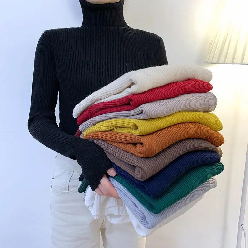 Suéter de Tricô Feminino Plus Size de Gola Alta e Manga Longa, Camiseta de Base para Outono Inverno, Novo Estilo, Confortável, Macio, Cor Pura