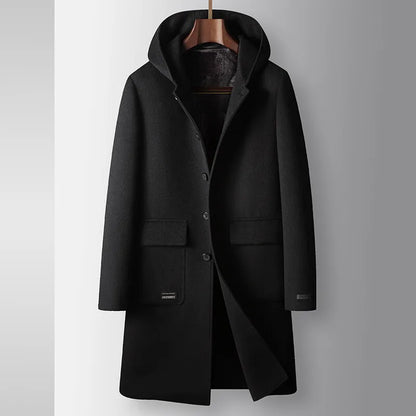 2024 inverno novo moletom com capuz masculino médio longo casaco de lã coelho pelúcia grosso quente casaco casual tecido high end 100% lã pura