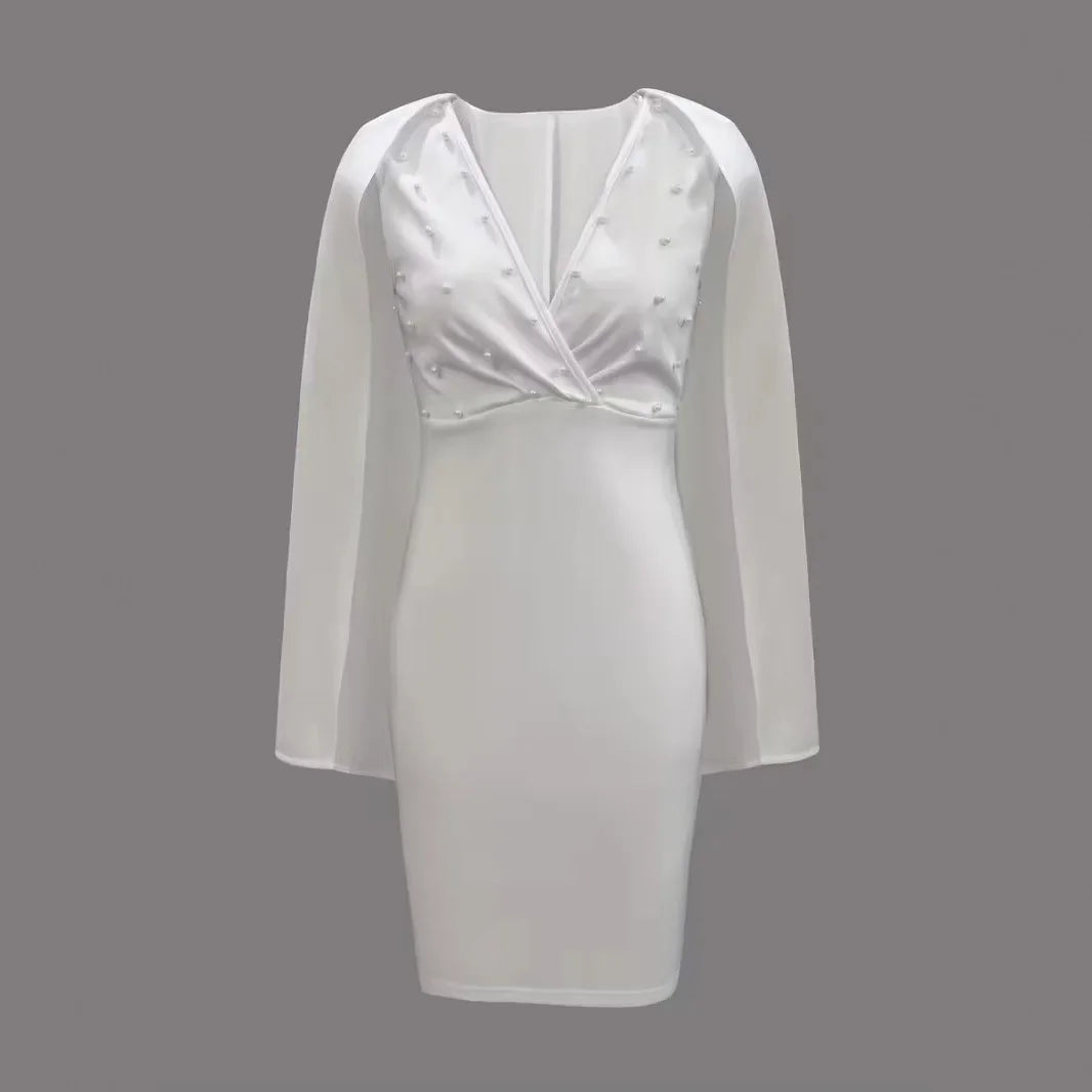 Saia Midi Elegante com Decote em V e Zíper Traseiro para Mulheres, Saia Estilosa com Aplicações de Pérolas, Estilo Elegante em Poliéster