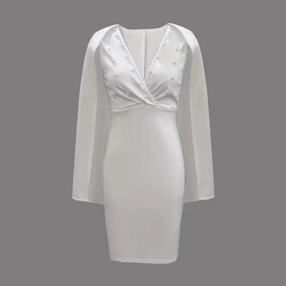 Saia Midi Elegante com Decote em V e Zíper Traseiro para Mulheres, Saia Estilosa com Aplicações de Pérolas, Estilo Elegante em Poliéster