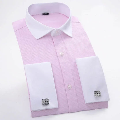 Qualidade frança abotoaduras homens vestido camisas botão turndown colarinho respirável fino ajuste festa de casamento smoking camisas hombre