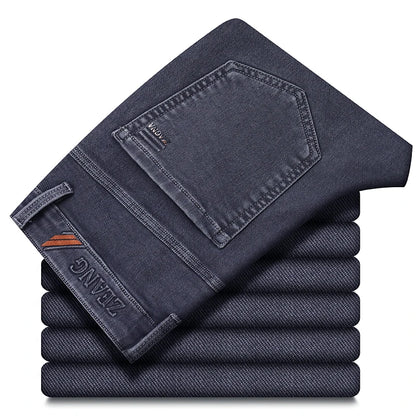 Calças Jeans Cinzas Masculinas Moda Primavera Outono Casual Elásticas Clássicas Retas para Trabalho Vintage em Denim Lavado