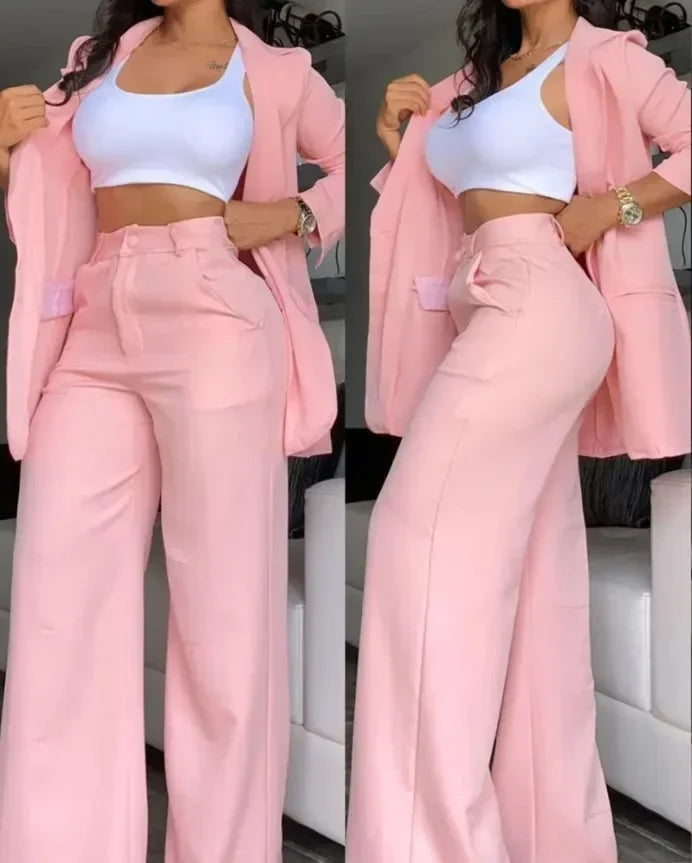 Elegante outono feminino blazer calças conjunto de duas peças roupas femininas moda gola entalhada casaco & calça; Terno de calças com design de bolso