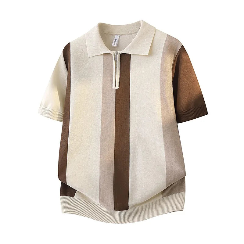 Camiseta Masculina de Verão com Listras, Camisa Polo Elegante e Minimalista, Suéter de Malha Versátil