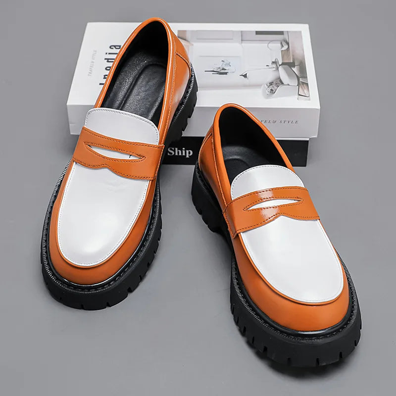 Italian Luxury Brand Loafers Men's Yellow and White Color Leather Shoes Slip-on Fashion Thick Sole Casual Shoes Wedding Moccasin