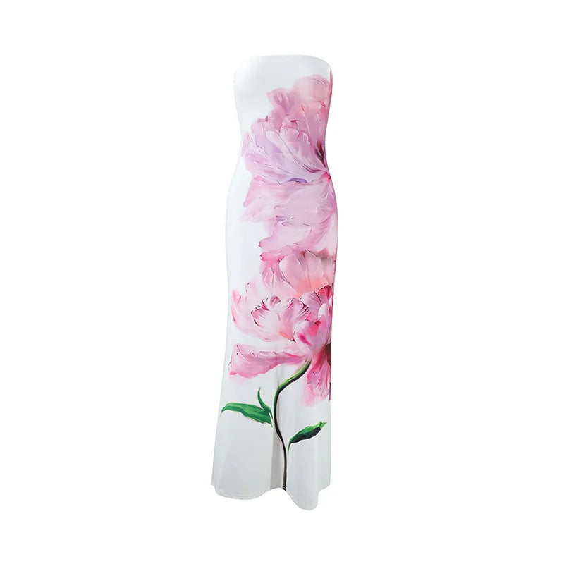 Vestido longo feminino elegante e justo, sem alças, com estampa, perfeito para férias na praia. Ideal para o verão