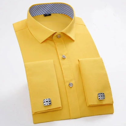 Qualidade frança abotoaduras homens vestido camisas botão turndown colarinho respirável fino ajuste festa de casamento smoking camisas hombre