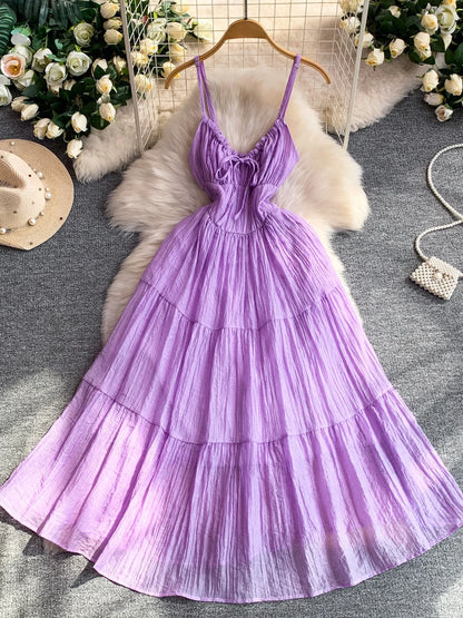 Vestido Elegante Roxo de Verão Feminino com Decote V, Sem Mangas, Cintura Marcada, Detalhes em Gaze, Estilo Casual Confortável para Feriados