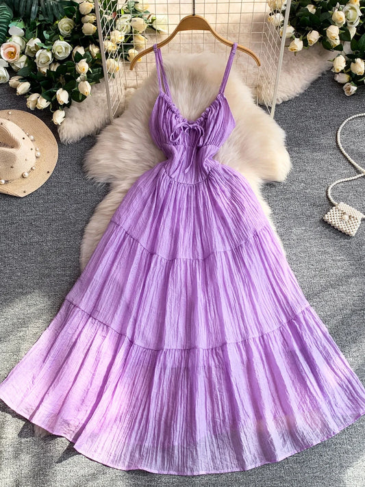 Vestido Elegante Roxo de Verão Feminino com Decote V, Sem Mangas, Cintura Marcada, Detalhes em Gaze, Estilo Casual Confortável para Feriados