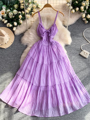 Vestido Elegante Roxo de Verão Feminino com Decote V, Sem Mangas, Cintura Marcada, Detalhes em Gaze, Estilo Casual Confortável para Feriados