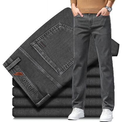 Calças Jeans Cinzas Masculinas Moda Primavera Outono Casual Elásticas Clássicas Retas para Trabalho Vintage em Denim Lavado