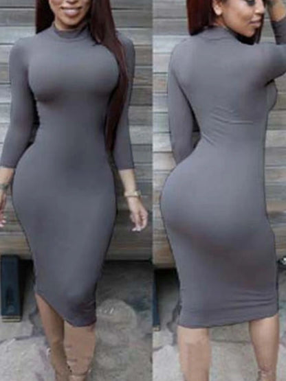 Vestido justo e elástico de cor sólida, sexy, feminino, com mangas compridas, cintura marcada, elegante para festas e baladas.