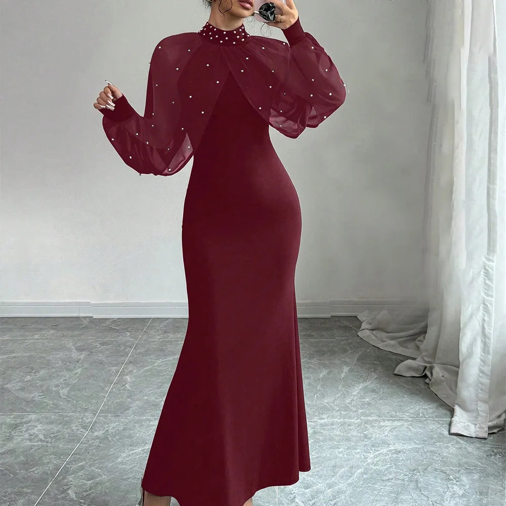 Vestido com Detalhes em Renda para Mulheres, Cintura Alta, Cor Sólida, Vestidos Longos Elegantes para Mulheres