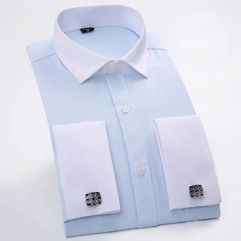 Qualidade frança abotoaduras homens vestido camisas botão turndown colarinho respirável fino ajuste festa de casamento smoking camisas hombre