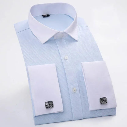 Qualidade frança abotoaduras homens vestido camisas botão turndown colarinho respirável fino ajuste festa de casamento smoking camisas hombre