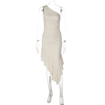 Vestido Longo Feminino Absobe de Cor Sólida com Um Ombro, Babados Assimétricos, Sexy, Justo, Franzido, Elegante, para Balada, Verão 2026