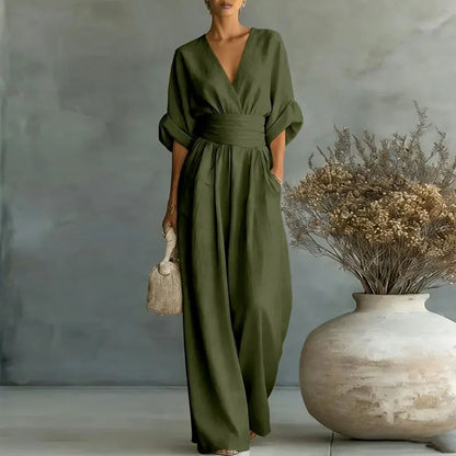 2026 Deep V Neck Women's Jumpsuits Elegant Solid High Waist Rompers Casual Wide Leg Pants Pocket Overalls Vacation Outfit Loose