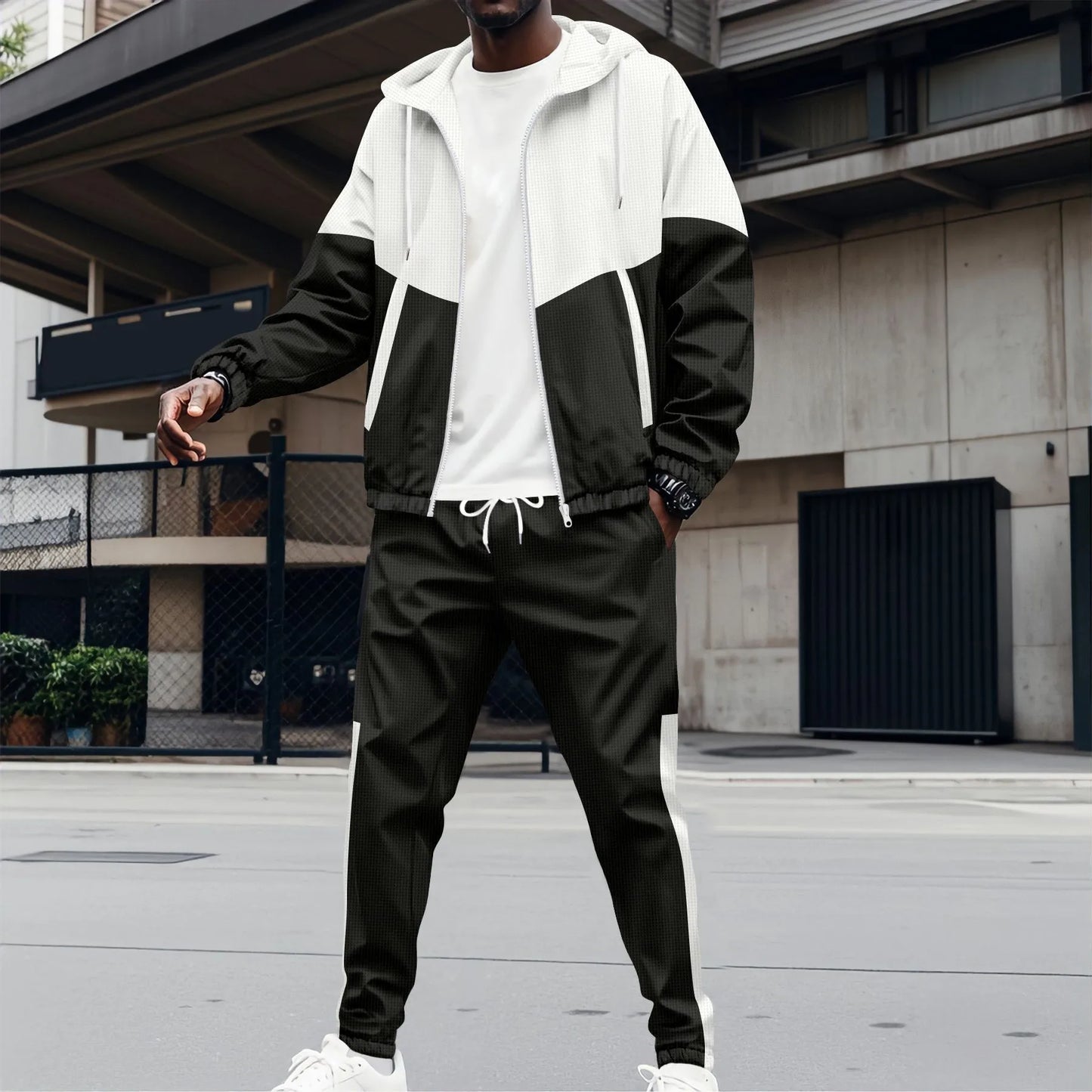 2025 new spring and fall men's hooded Waffle color matching jacket double pocket long sleeve jacket casual sports two pants suit