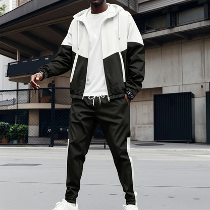 2025 new spring and fall men's hooded Waffle color matching jacket double pocket long sleeve jacket casual sports two pants suit