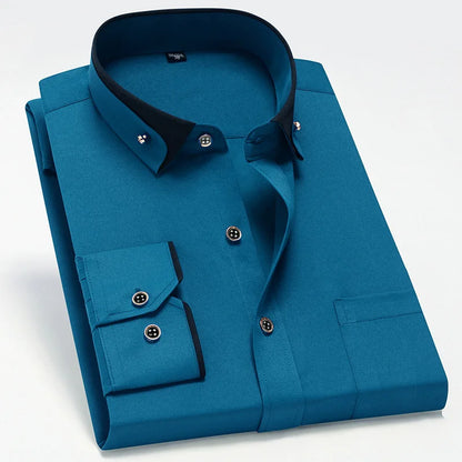 Camisa de negócios masculina manga longa botão para baixo camisa social anti-rugas escritório camisa masculina manga longa cor preta casual