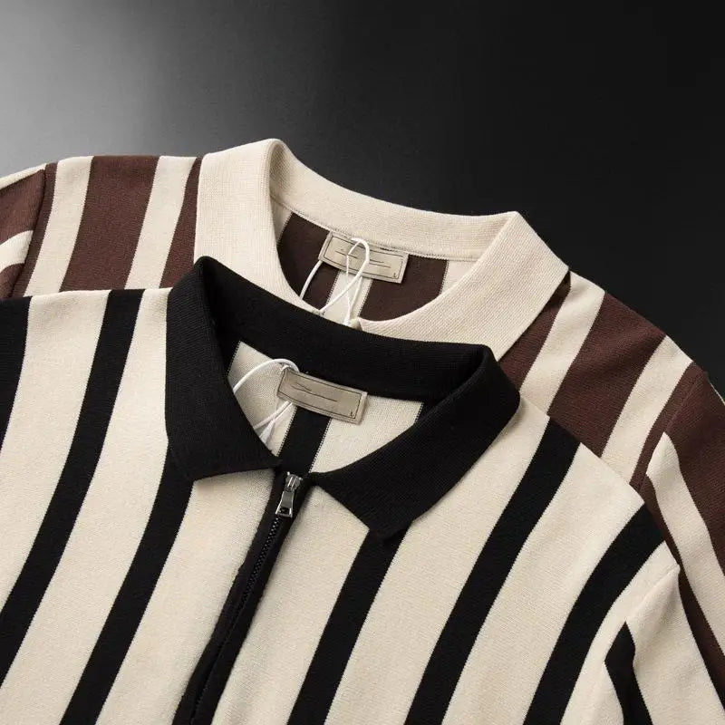 Turn-down Collar Zipper  Shirt Short Sleeve Ice Silk Knitted Stripe Pattern Fashionable Urban Style Men's Summer Top