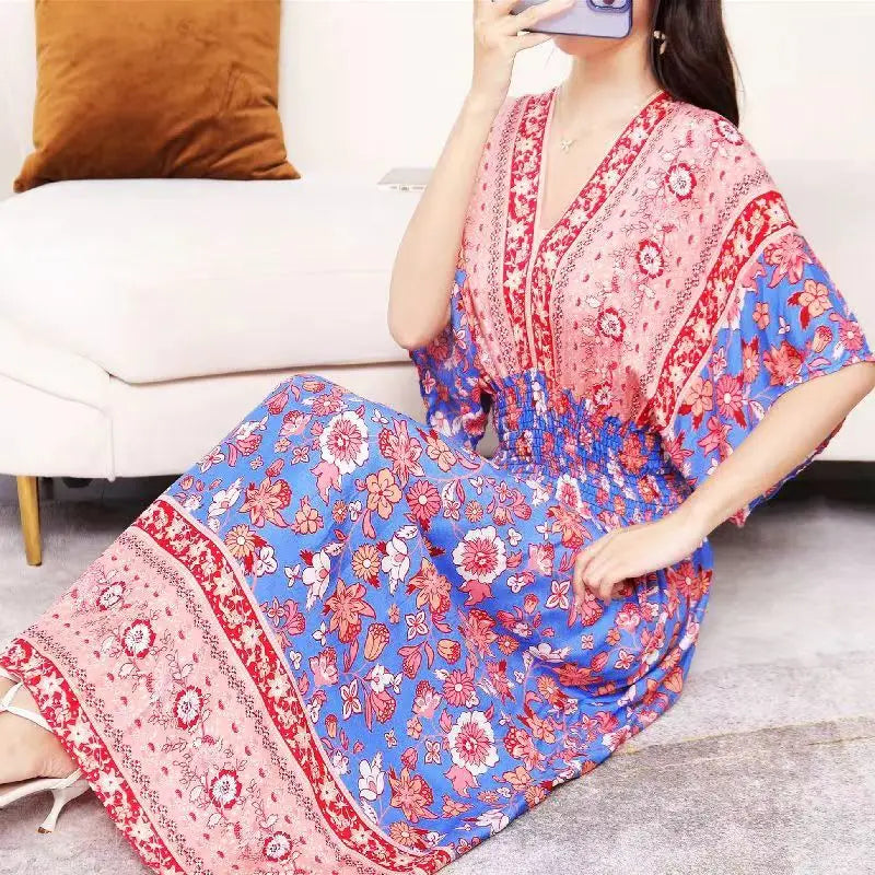 Flor colorida com decote em v elástico jovem boêmio doce midi vestido mulher roupas chique moda vestidos de verão 2025 grande balanço esqui