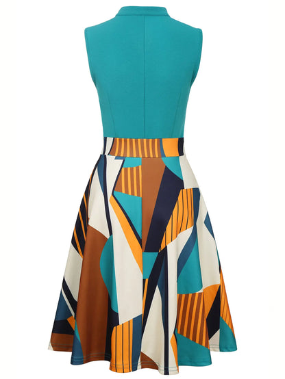 Vestido midi elegante feminino de verão com estampa geométrica em blocos de cores, sem mangas, com cinto e decote em V, ideal para férias. Perfeito para o verão.