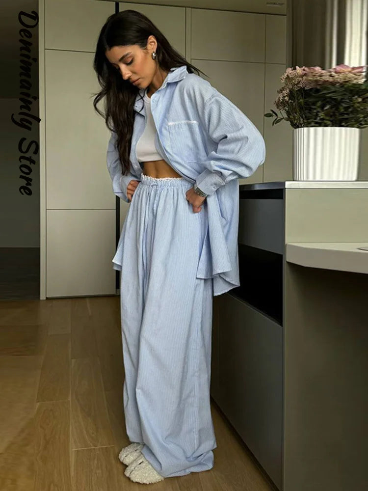 Casual Striped Lace Up Pants Set Women Shoulder Pad Long Sleeve Shirt Straight Trousers 2025 Autumn Chic Lady 2 Piece Suit New