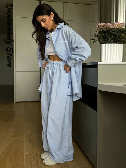 Casual Striped Lace Up Pants Set Women Shoulder Pad Long Sleeve Shirt Straight Trousers 2025 Autumn Chic Lady 2 Piece Suit New