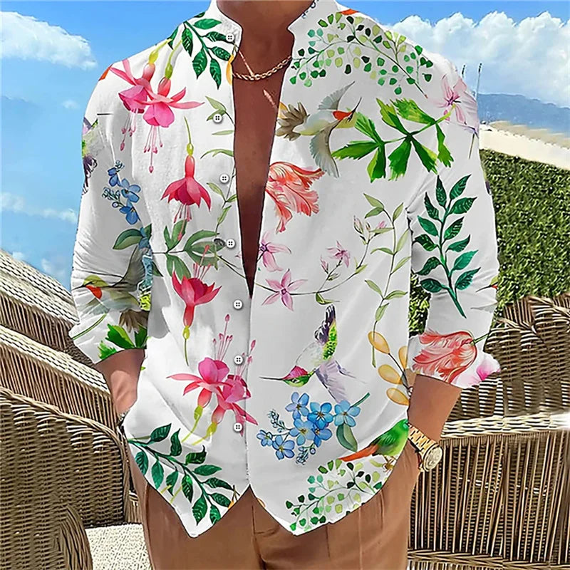 Camisa masculina de manga comprida Camisa impressa em 3D de alta qualidade, padrão floral, primavera e outono, tecido casual e elegante e confortável