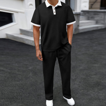 Conjunto Masculino de 2 Peças: Camisa Polo e Calça com Gola Texturizada em Contraste – Agasalho Casual para o Dia a Dia e Streetwear