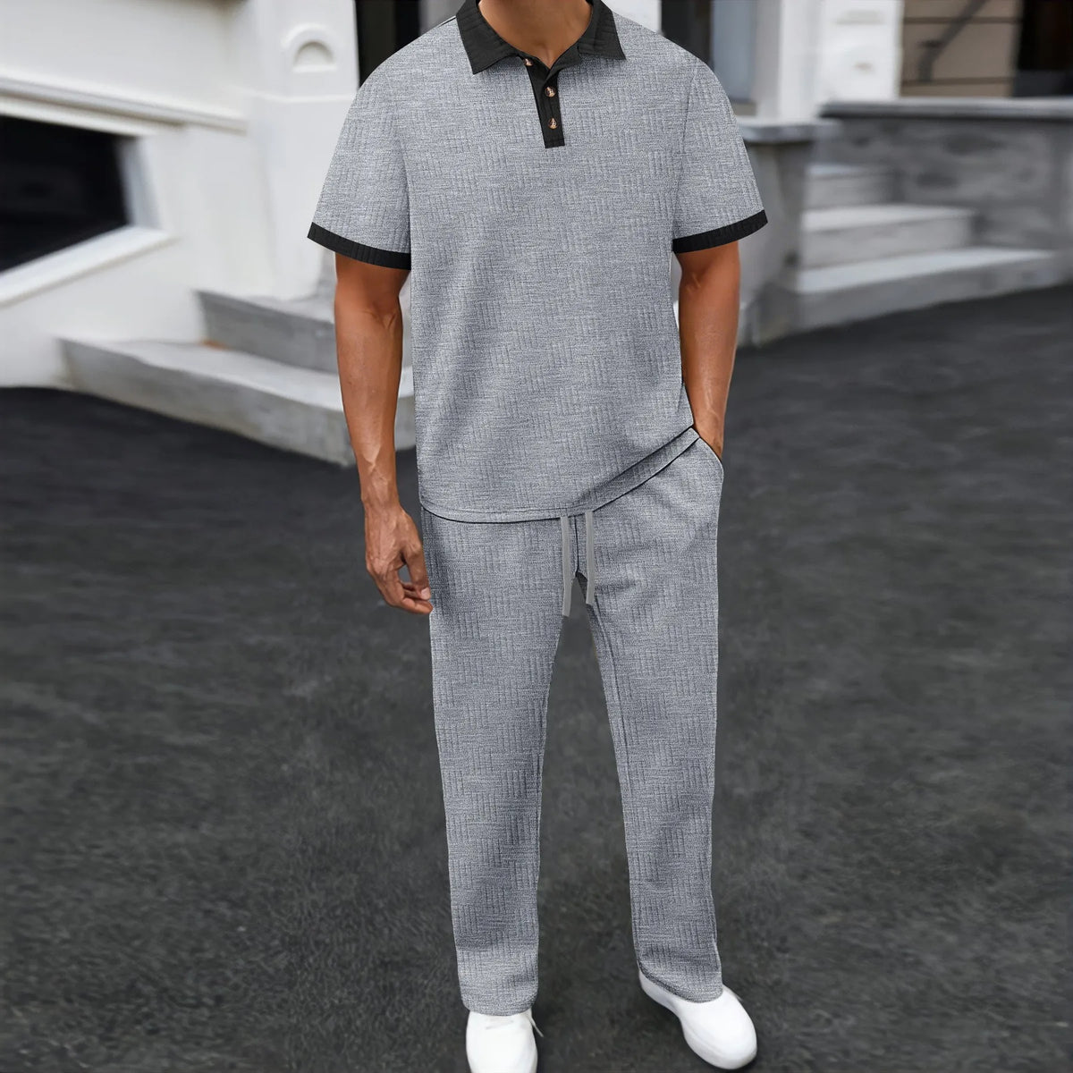 Conjunto Masculino de 2 Peças: Camisa Polo e Calça com Gola Texturizada em Contraste – Agasalho Casual para o Dia a Dia e Streetwear