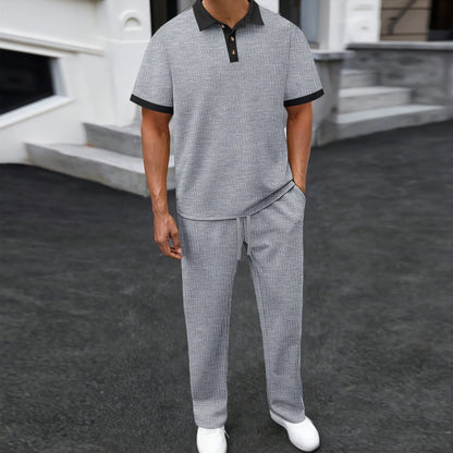 Conjunto Masculino de 2 Peças: Camisa Polo e Calça com Gola Texturizada em Contraste – Agasalho Casual para o Dia a Dia e Streetwear