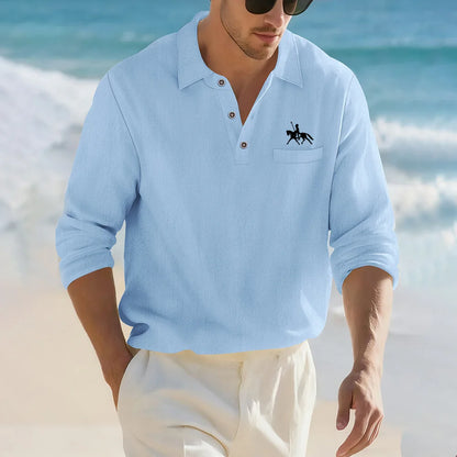 Camisa Masculina Casual de Linho e Algodão Leve com Lapela, Solta, Cor Sólida, Moda Primavera Outono, com Detalhe Decorativo na Gola