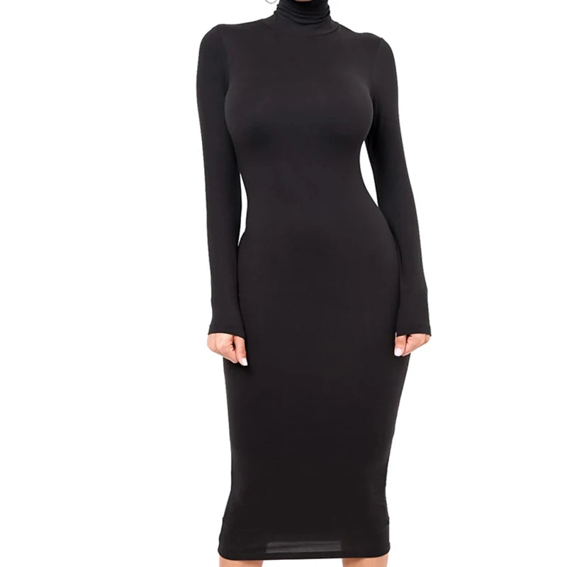 Inverno preto gola alta sexy vestido feminino outono manga longa magro midi boydcon casual azul pelúcia na altura do joelho festa clube