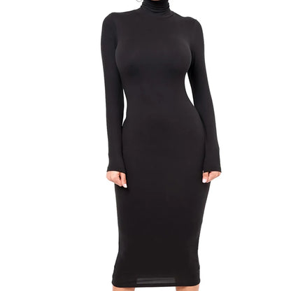 Inverno preto gola alta sexy vestido feminino outono manga longa magro midi boydcon casual azul pelúcia na altura do joelho festa clube
