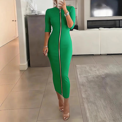 Vestido Lápis Preto Sólido com Manga Curta, Cintura Marcada, Comprimento Midi, Zíper Frontal, Gola Redonda, Ajuste Perfeito e Elegante