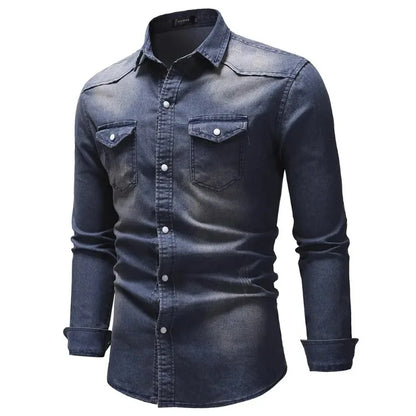 Camisa Jeans Vintage Masculina KIDWHXR com Gola Dobrável, Manga Longa, Slim, Casual, Estilo Cargo, com Botões