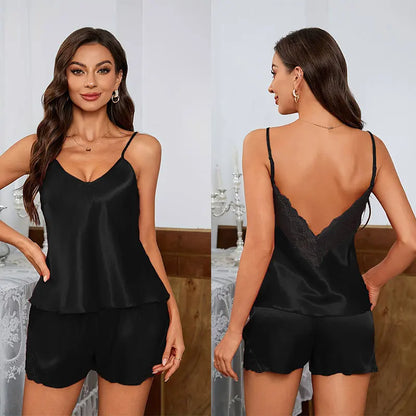 Conjunto de Pijamas Sexy de Verão para Mulheres, Com Decote Profundo e Sem Costas, Renda e Cetim, Confortável, Com Camiseta de Manga Curta e Shorts