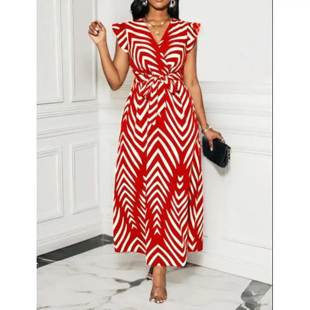 Vestido Longo Elegante Estampado com Decote em V e Cinto na Cintura, Listras, Estilo Casual Verão 2025, Moda Feminina, Peça Única para Passeio na Cidade