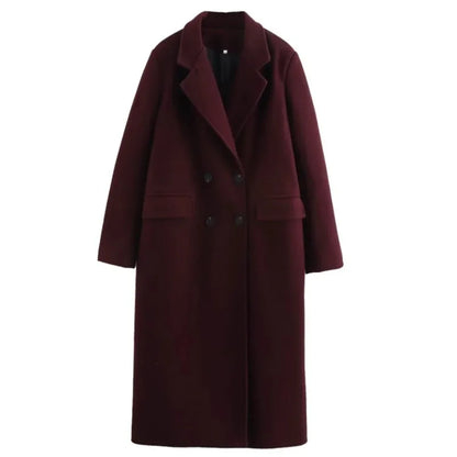 Casaco longo feminino KADUWAKI de lã, casual, elegante, com gola dobrável, mangas compridas, bolsos e abotoamento duplo, ideal para outono e inverno.