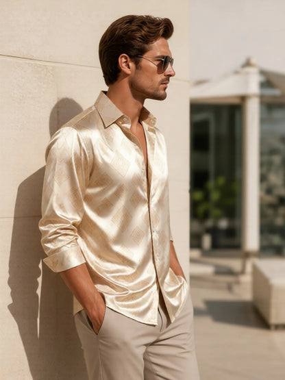 Camisa Social Masculina de Cetim com Manga Longa e Botões, Estampada, Tecido Liso e Brilhante, Ideal para o Dia a Dia, Escritório, Trabalho e Uso Diário