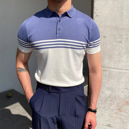 Camisa polo de manga curta de malha masculina, blusa casual de negócios, polo Slim Fit, primavera verão, camiseta listrada moda, camiseta com gola polo, malhas