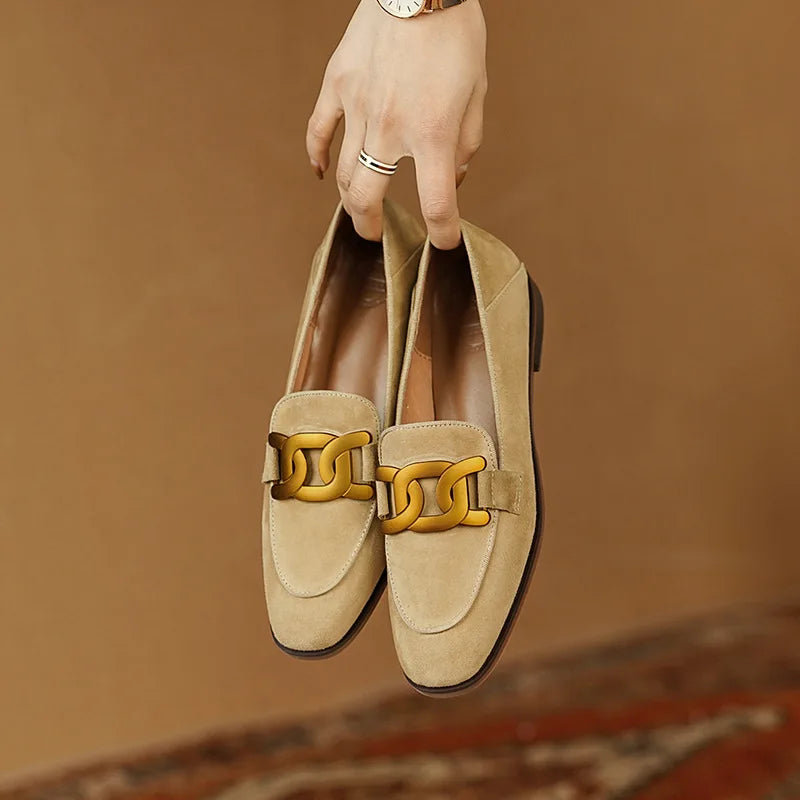Sapatos femininos retrô com fivela de metal, estilo francês e britânico, elegantes, com bico quadrado, salto grosso, para festas, escritório, casuais.