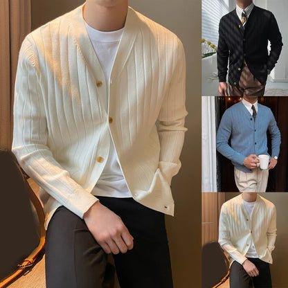 Cardigã Masculino de Tricô com Gola V e Botões, Casual e Simples, para Negócios e Uso Doméstico, Outono