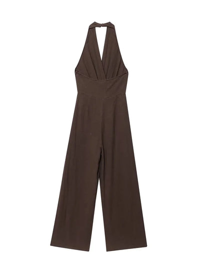 Moda feminina halter pescoço macacão sem costas zíper lateral playsuit fivela detalhe roupas femininas