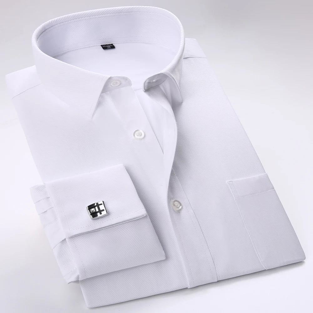 Camisa masculina com gola espalhada, punho francês, manga comprida, botões formais de negócios, camisas de casamento masculinas, ajuste regular, camisa com abotoaduras