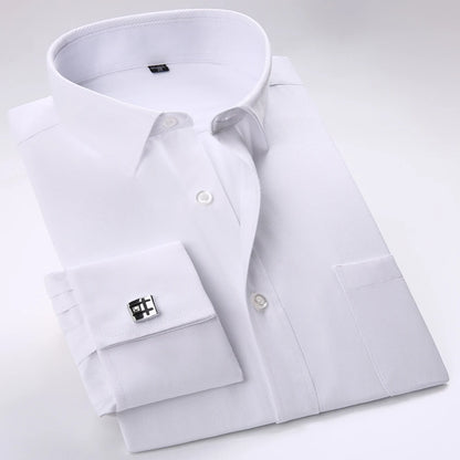Camisa masculina com gola espalhada, punho francês, manga comprida, botões formais de negócios, camisas de casamento masculinas, ajuste regular, camisa com abotoaduras