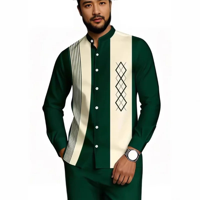 Camisa Masculina de Manga Longa com Gola Mandarim e Estampa Listrada de Diamante, Blusa Casual com Botões